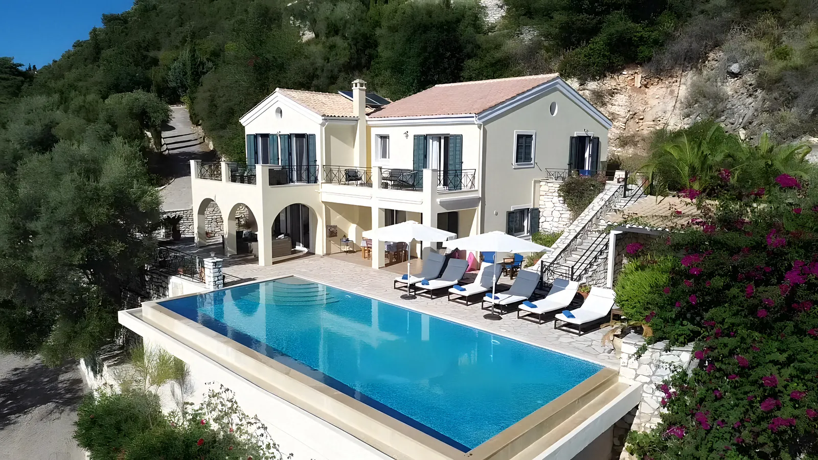 The house and the pool from the air